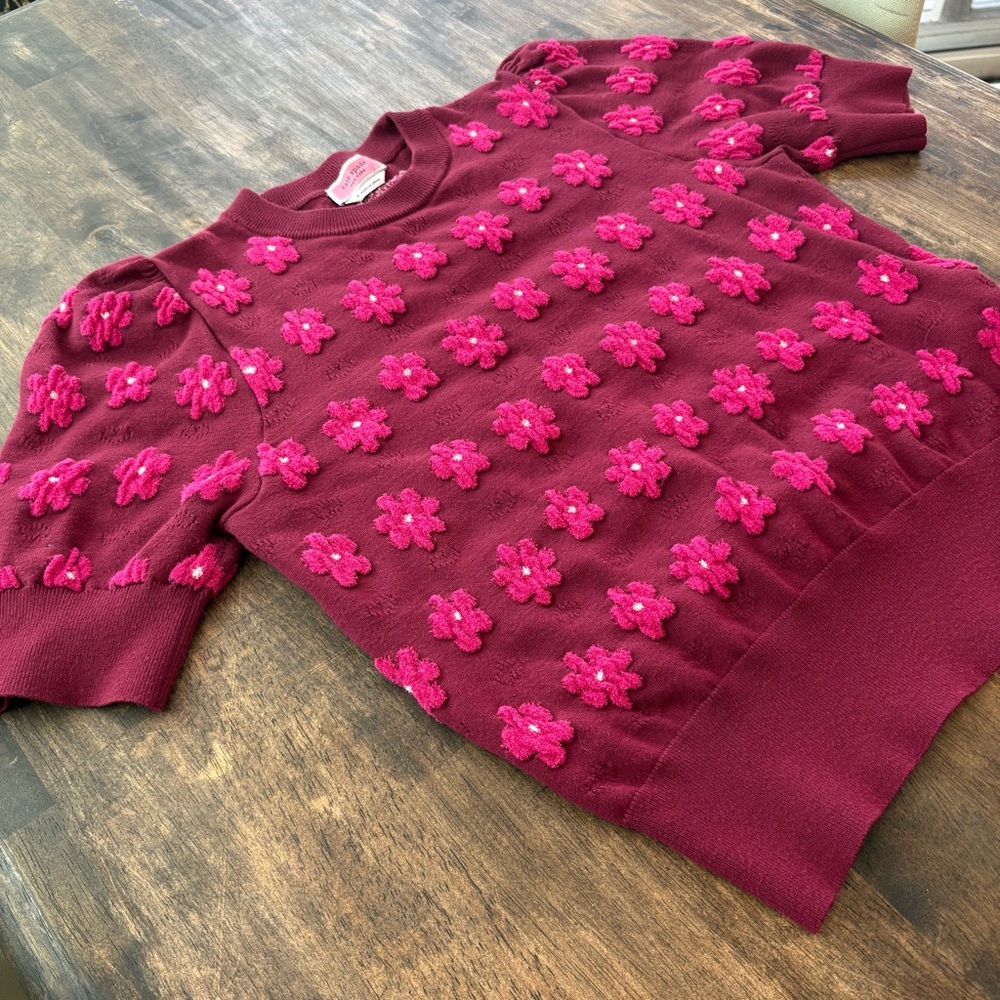 KATE SPADE Burgundy Pink Marker Floral Short Sleeve Sweater. Excellent condition - Picture 3 of 9